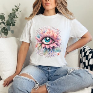 T-shirt Eye of Enlightenment, T-shirt unisexe teint en pièce, couleurs confort, couleurs pastel, œil de grande fleur, t-shirt aveugle, œil spirituel