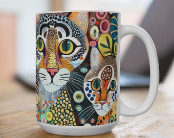 Klimt Cats Mug 15oz, Whimsical Coffee Cup for Two Cat Owners, Colorful Tea Mug, Surreal Patterned Background, Large Ceramic Mug, Cat Lover