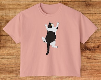 Black and White Cat Boxy Tee: Mischievous Feline Design