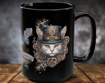 Airship Cat mug, Steampunk mug, Airships, Hot Air Balloon, Industrial, large coffee mug, big coffee cup, cat coffee mug, Black Mug, 15oz
