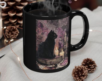 Schwarze Katze Altar Becher | Schwarze Keramik Kaffeetasse mit Kerzen und Kristallen