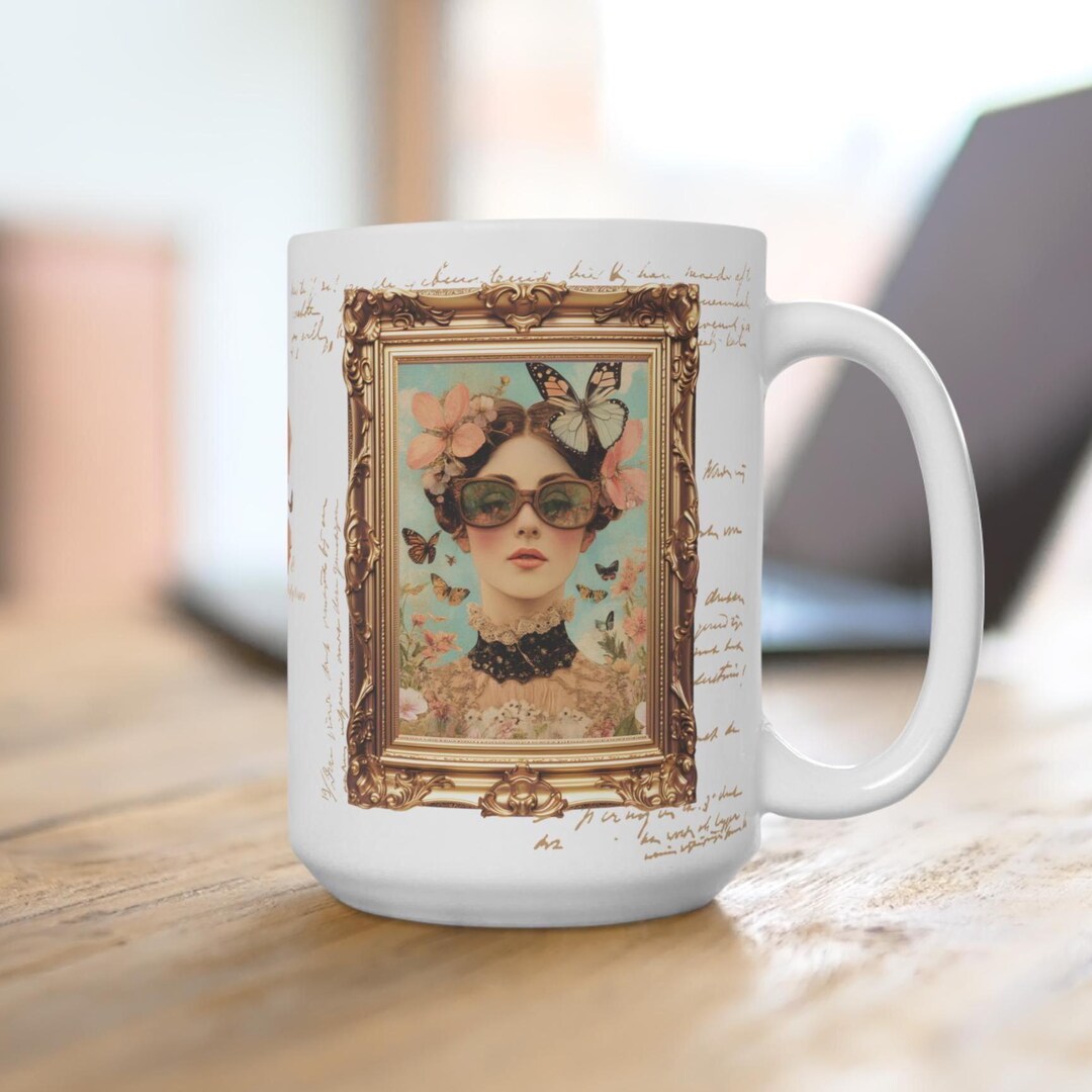 Vintage Floral Mug, Artistic Coffee Cup, Boho Tea Mug, Butterfly Decor