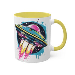 UFO coffee mugs, UAP mug, two tone Colorful Mugs, 11oz turquoise, pink spaceship extraterrestrial colorful spaceship fun UFO tea mug