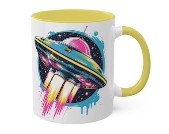 UFOコーヒーマグ：カラフルな宇宙船デザイン、11オンスセラミック