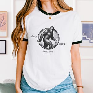 Bigfoot, Deny, Believe, Know, Ringer T Shirt, Unisex Cotton Ringer T-Shirt, Sasquatch t shirt, cryptid tee gift, trendy retro ringer shirt,