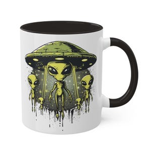 Alien Mug, UFO two tone Colorful Mugs, 11oz, fun alien coffee mug, Ufology enthusiast mugs unique coffee cups alien gifts big eye alien cup
