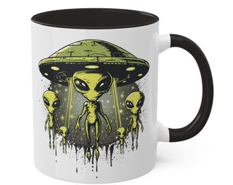 Alien Coffee Mug: UFO Graphic, Two-Tone Ceramic, 11oz