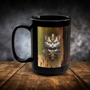 Steampunk Cat mug, large coffee mug, Novelty coffee cup, Industrial, cat lover, coffee lovers, Steampunk enthusiast, Black Mug, 15oz
