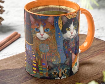 Klimt style Cat Mugs, Colorful Mugs, 11oz, cat lovers mug, cat lovers gifts, crazy cat lady, Klimt style gift, art nouveau style mug gifts