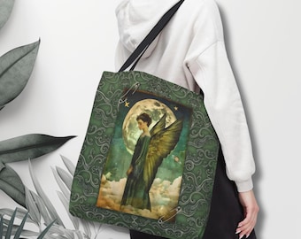 Vintage draagtas met illustratie van de engel | Maanverlichte vleugels, groene decoratieve rand