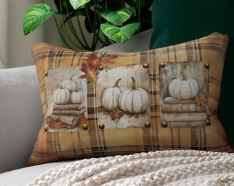 Autumn Plaid Lumbar Pillow: White Pumpkins, Rustic Fall Decor
