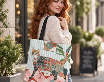 Tragetasche mit floralem Katzenmotiv | Botanisches Tierdesign