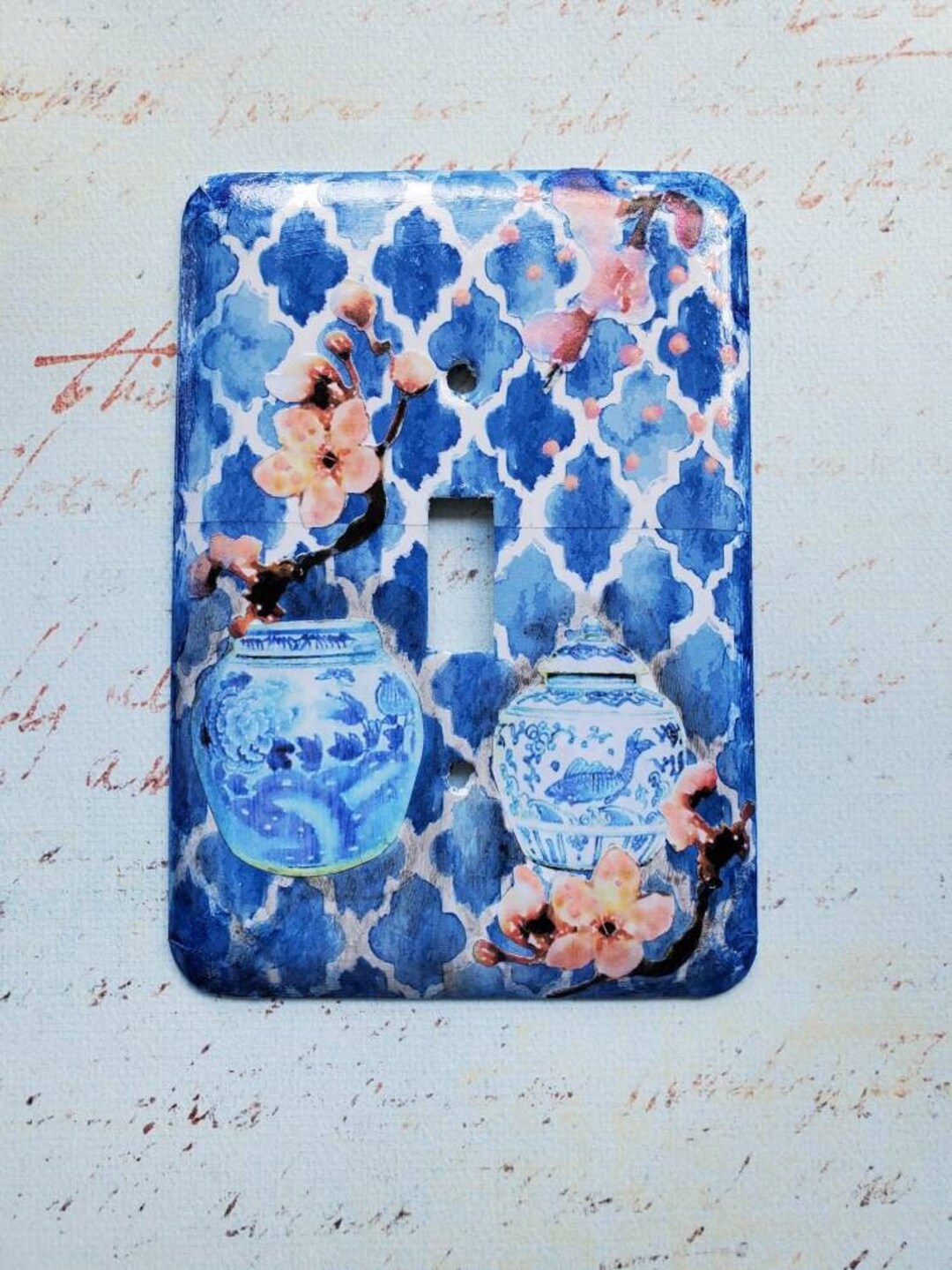 Fish Ginger Jar, Metal Toggle Switch Plate With Decoupage and Collage, Blue and White, Ginger