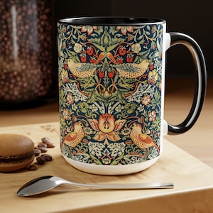 1800&#39;s inspired, Wm. Morris, Strawberry Thief, large coffee mug, large mug, Classic William Morris, earthy tones,Two-Tone Coffee Mugs,15oz