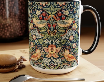 Strawberry Thief Coffee Mug: William Morris Inspired, Two-Tone 15oz