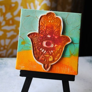 Orange Hamsa, mini mixed media, mixed media art, Hamsa, orange, aqua, one of a kind, image 1