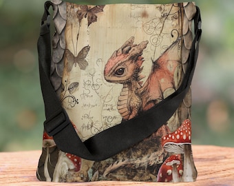 Dragon Art Print Tote Bag, Adjustable Fantasycore Bag