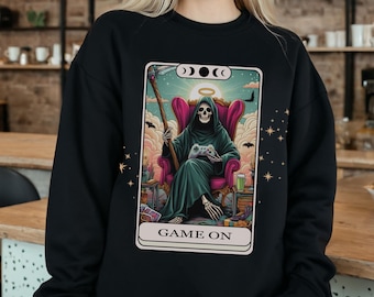 Game On Skeleton Tarot Card Sweatshirt, Gamer Pullover