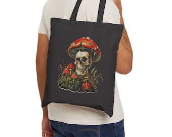 Spooky Mushroom Skull Tote Bag: Halloween Goblin Core Canvas Handbag