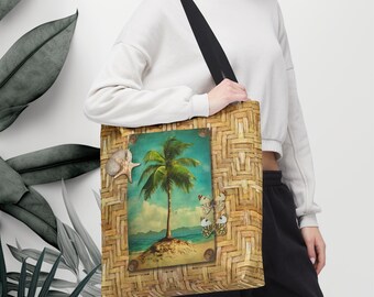 Tote tas tropische Palm Beach-scène | Schelpen, vintage eilandkunst