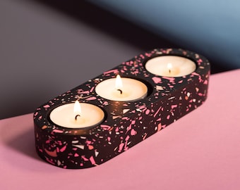 Portacandele triplo in terrazzo rosa neon e nero