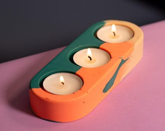 Portacandele triplo verde, pesca e arancione neon