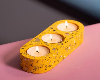 Portacandele da tè triplo in terrazzo giallo e nero