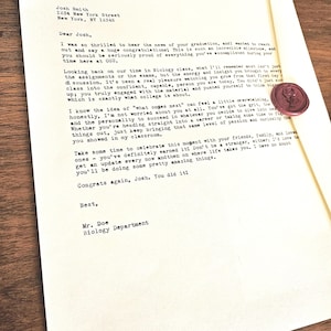 Vintage Style Custom Letter Typed with Typewriter; Wax Seal & Envelope; Ivory Cotton Resume Paper - Sent Directly to Recipient or Purchaser