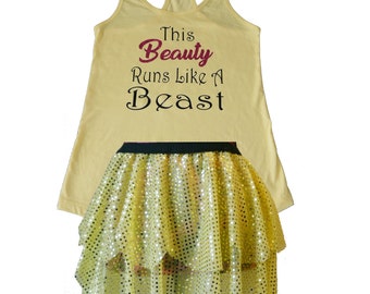 Belle Running Costume, Beauty and the Beast Costume, Fairy Tale Shirt, Belle Tank, Sparkle Skirt, Running Skirt, Running Costume