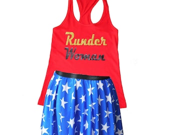 Runder hardloopkostuum vrouw, shirt Runder vrouw, Wonder-kostuum, Avengers-kostuum, Avengers-rok, superheld-rok