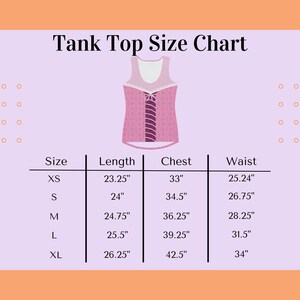 May include: Tank top size chart with measurements in inches for sizes XS, S, M, L, and XL. The chart shows the length, chest, and waist measurements for each size.