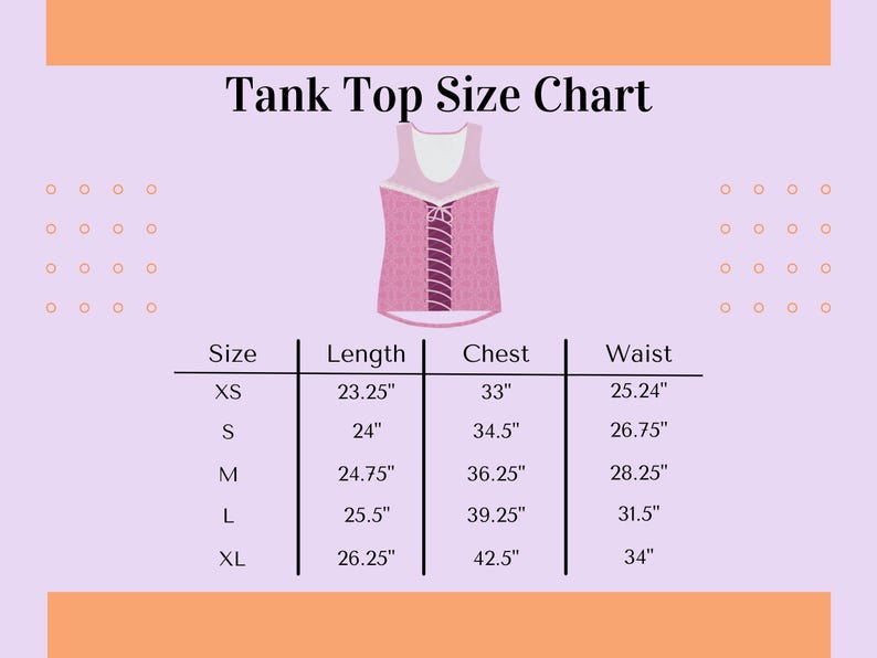 May include: Tank top size chart with measurements in inches for sizes XS, S, M, L, and XL. The chart shows the length, chest, and waist measurements for each size.