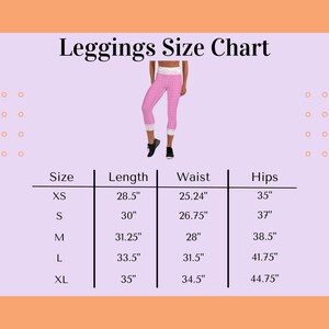 May include: A size chart for leggings with measurements in inches for waist, hips, and length. The chart includes sizes XS, S, M, L, and XL.