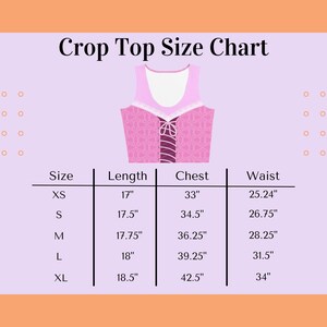 May include: Crop top size chart with measurements in inches for sizes XS, S, M, L, and XL. The chart shows the length, chest, and waist measurements for each size.