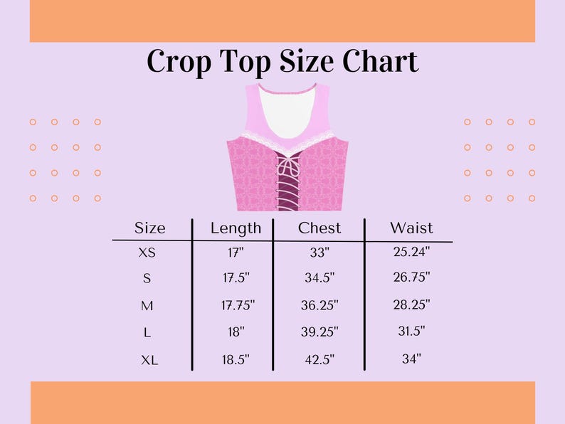 May include: Crop top size chart with measurements in inches for sizes XS, S, M, L, and XL. The chart shows the length, chest, and waist measurements for each size.
