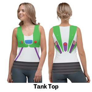 May include: A white tank top with a green, purple, and red design that resembles Buzz Lightyear's space ranger suit. The tank top has a black stripe across the bottom.