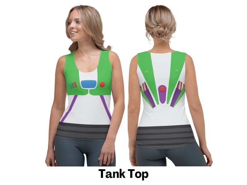May include: A white tank top with a green, purple, and red design that resembles Buzz Lightyear's space ranger suit. The tank top has a black stripe across the bottom.