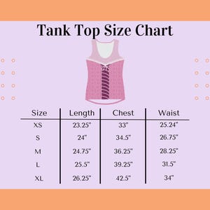 Puede incluir: Tabla de tallas de camiseta sin mangas con medidas en pulgadas para las tallas XS, S, M, L y XL. La tabla muestra las medidas de longitud, pecho y cintura para cada talla.