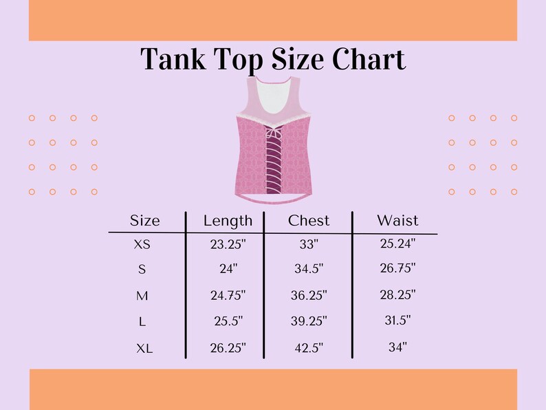 Puede incluir: Tabla de tallas de camiseta sin mangas con medidas en pulgadas para las tallas XS, S, M, L y XL. La tabla muestra las medidas de longitud, pecho y cintura para cada talla.