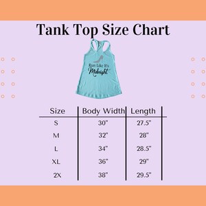 May include: A size chart for tank tops with measurements in inches. The chart shows the size, body width, and length of the tank tops. The sizes are S, M, L, XL, and 2X. The body width ranges from 30 inches to 38 inches. The length ranges from 27.5 inches to 29.5 inches.
