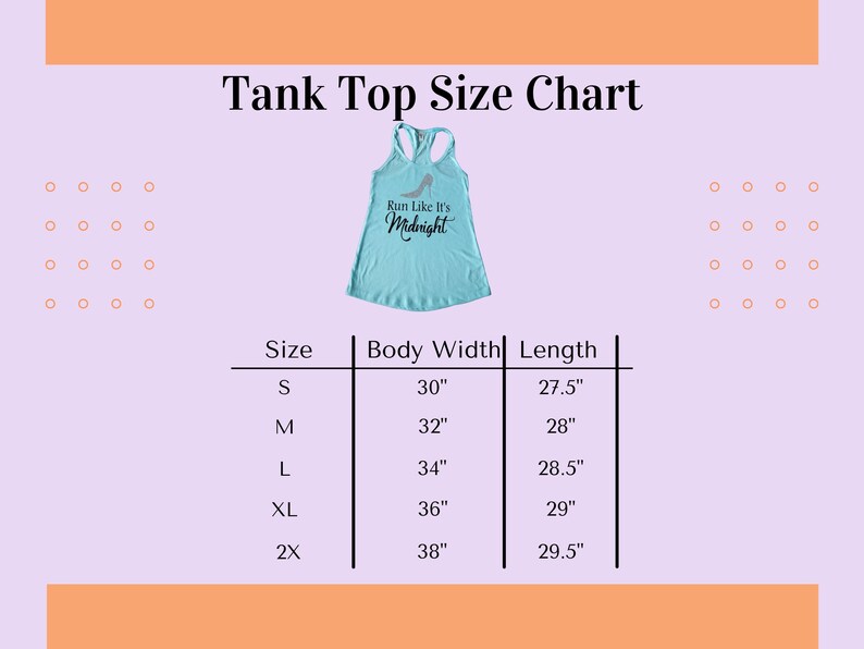 May include: A size chart for tank tops with measurements in inches. The chart shows the size, body width, and length of the tank tops. The sizes are S, M, L, XL, and 2X. The body width ranges from 30 inches to 38 inches. The length ranges from 27.5 inches to 29.5 inches.