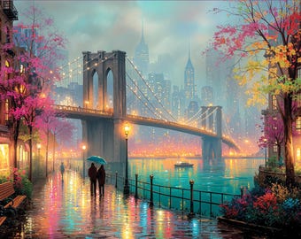 May include: A vibrant painting of the Brooklyn Bridge in New York City. The artwork depicts a rainy day with colorful reflections on the wet pavement. The bridge is the focal point, with city buildings in the background and colorful trees.