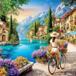 May include: A picturesque scene of a woman riding a blue bicycle along a cobblestone path, with baskets of flowers. Buildings with colorful flowers line the street. A lake and mountains are in the background.