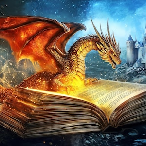 May include: A fantasy illustration of a golden dragon with fiery wings and scales, perched atop an open, glowing book. A castle is in the background, set against a starry night sky. The dragon's fiery breath illuminates the book.