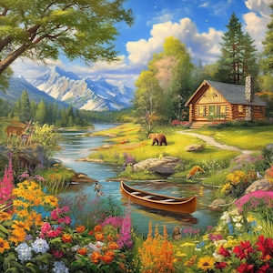 May include: A vibrant landscape painting depicts a serene river scene with a wooden cabin, a canoe, and a bear. Colorful wildflowers bloom along the riverbank, with mountains in the background. Deer graze near the water, and ducks swim in the river.