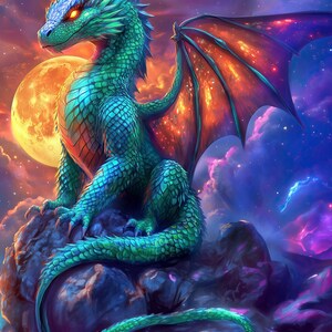 May include: A detailed digital illustration of a green dragon with blue accents, perched on a rock. The dragon has orange eyes and wings with orange and purple hues. A large, orange moon and a colorful, cloudy sky form the background.