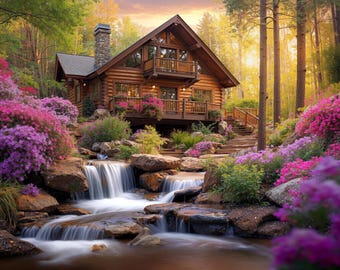 May include: A picturesque log cabin nestled in a lush forest setting. The cabin features a stone chimney, wooden balconies, and is surrounded by vibrant pink and purple flowering bushes. A cascading waterfall flows in the foreground.