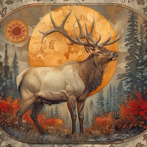 May include: An artistic illustration of a majestic elk with large antlers, set against a backdrop of a full orange moon and a forest. The elk has a light brown coat and stands in a field of red and green foliage, framed by an ornate border.