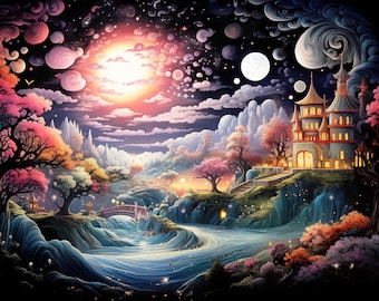 May include: A whimsical illustration of a castle nestled in a fantastical landscape. The castle is surrounded by lush greenery, a flowing river, and a bridge. The sky is filled with stars and swirling clouds, creating a dreamy atmosphere.
