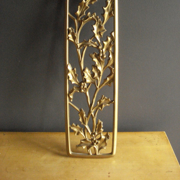 Golden Holly - Vintage Wall Art - Wall Decor - Wall Panel - Christmas Gold Dart Wall Plaque Holly and Berries